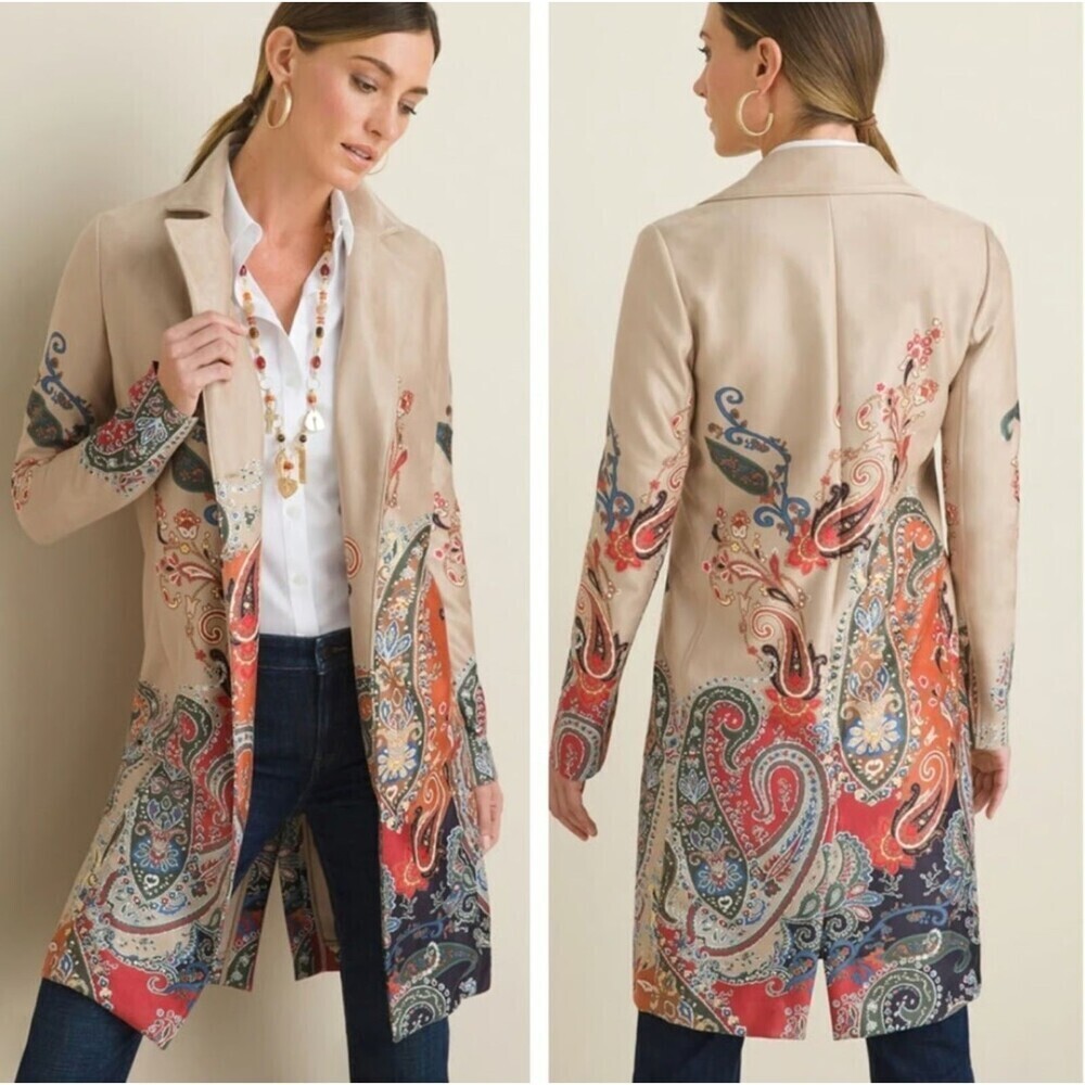 Chico's Topper Jacket 12 14 (2) Tan Paisley Faux Suede Boho Lightweight Coat - Picture 9 of 9